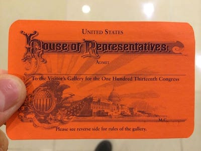 Le pass d'accès à la Chambre des Représentants du Capitole à Washington