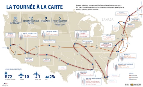 Carte du trajet de la Patrouille de France aux États-Unis