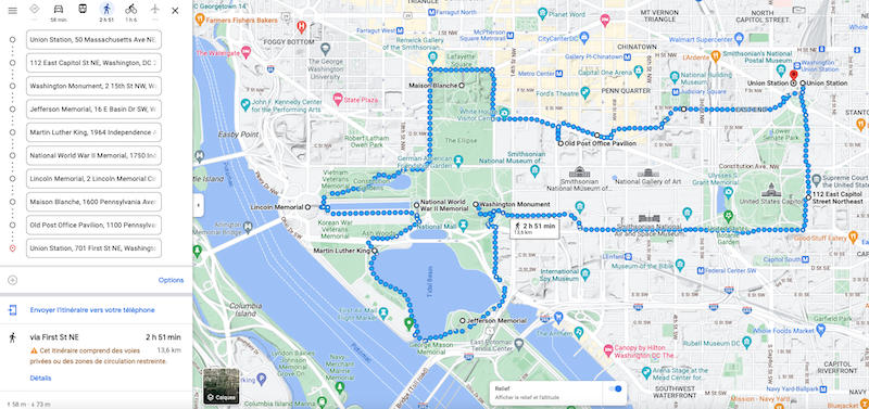itinéraire de visite à pied de Washington en une journée