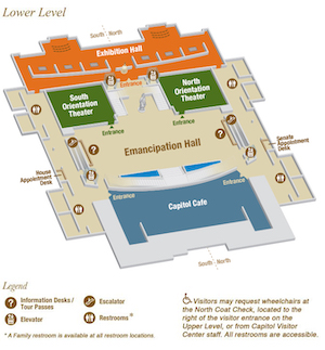 Plan de l'intérieur (étage du bas) du Visitor Center du Capitole des États-Unis