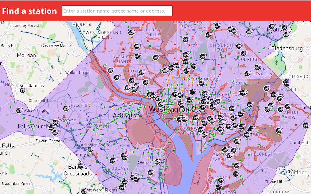 Carte des stations de vélo en libre-service  Washington